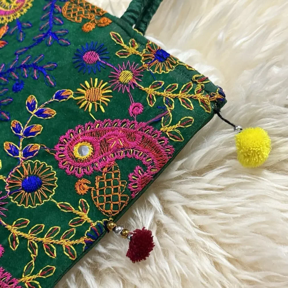 Artisan Boho Colorful Embroidered Silk Felted Floral Paisley Tote Shopping Bag